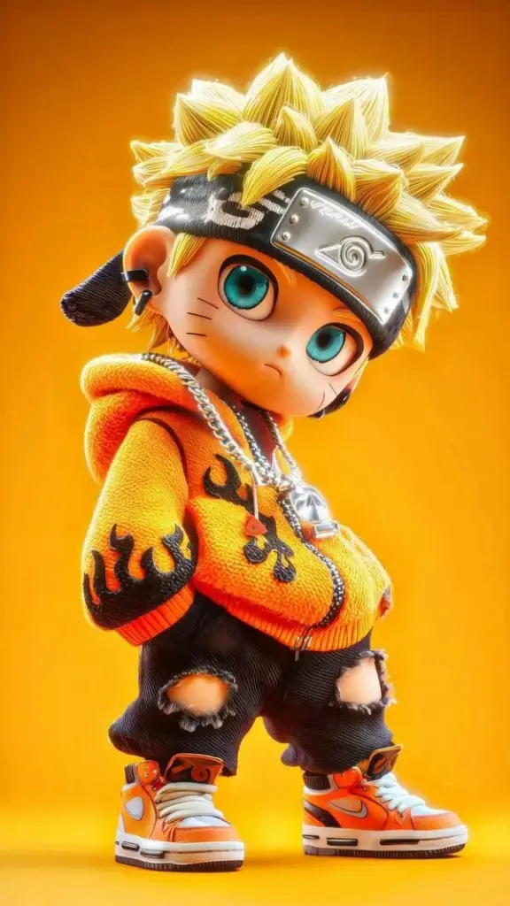 Naruto chibi màu vàng cam, nét vẽ đáng yêu, nền sạch và đổ bóng nhẹ tạo cảm giác nổi.
