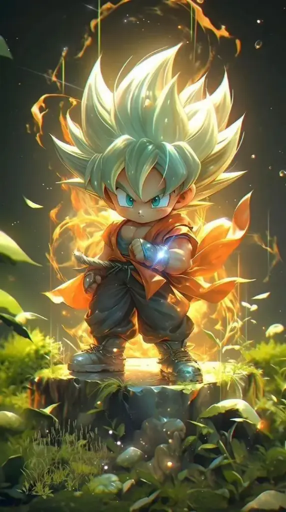Hình nền Goku chibi đứng giữa rừng, ánh vàng bao quanh, màu xanh lá dịu, chiều sâu ba lớp.