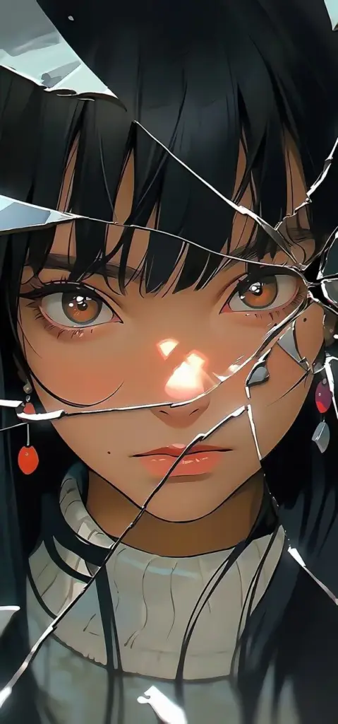 Cô gái tóc đen nhìn thẳng, ánh sáng lạnh, vết xước và nền mờ tạo cảm giác căng thẳng.