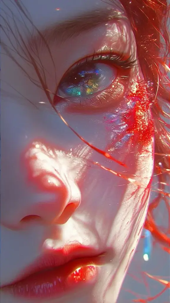 Wallpaper cận mắt đỏ rực, giọt nước và vệt sơn, độ nét cao khiến cảm xúc rất mạnh.