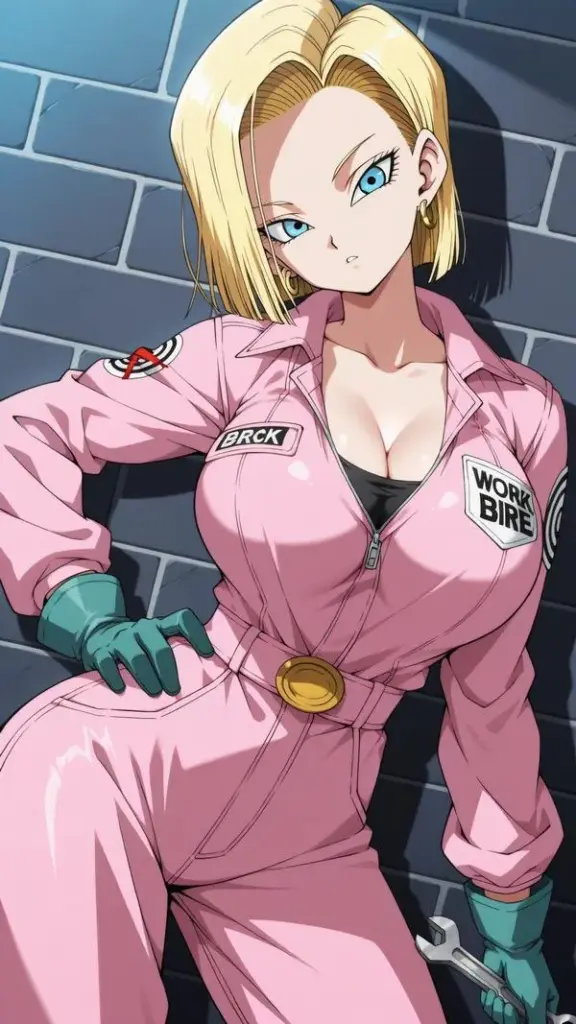 Android 18 mặc đồ hồng, ánh sáng đều và màu pastel, bố cục gọn hợp màn hình dọc.