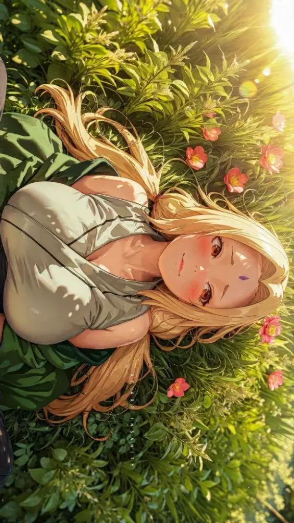 Ảnh nền cảnh Tsunade nằm thư giãn giữa lá xanh, màu ấm dịu, nền mờ nhẹ cho cảm giác bình yên.