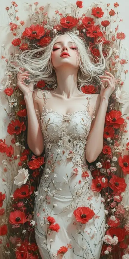 Cô gái váy trắng giữa hoa hồng, ánh sáng mềm và phản quang tinh tế, bố cục trung tâm rất sang.