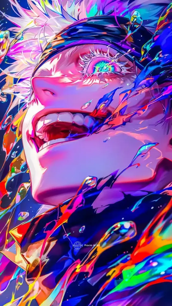 Wallpaper gương mặt trừu tượng neon, chuyển sắc tím xanh rực, hiệu ứng hạt bụi khiến ảnh cực nổi.