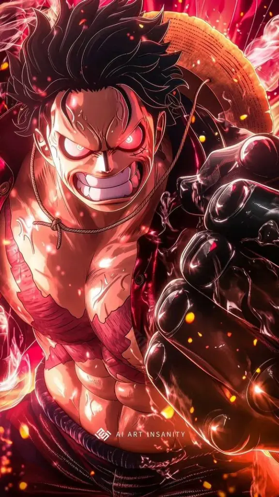 Nhân vật One Piece bùng năng lượng đỏ, đổ bóng gắt và tia lửa dày, cảm giác chiến đấu dữ dội.