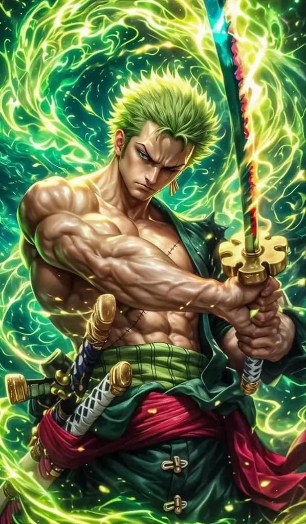 Hình nền Zoro One Piece cơ bắp nổi khối, ánh xanh bao quanh, chi tiết vết sẹo rõ nét.