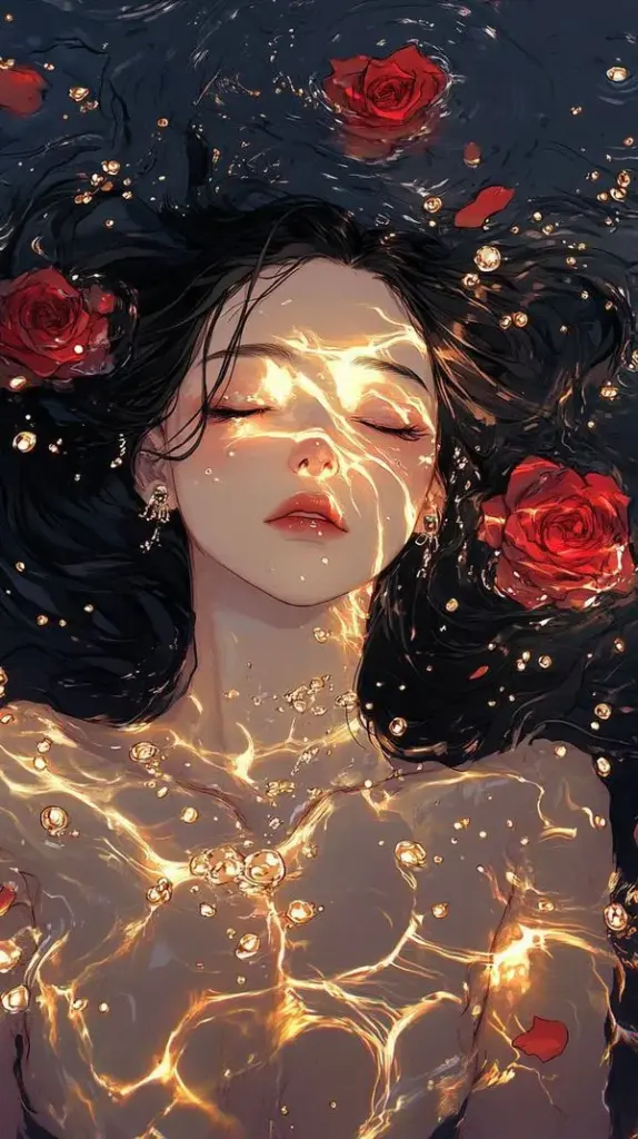 Cô gái tóc đen nằm ngửa, ánh vàng loang như sao rơi, nền tối tạo không khí huyền ảo.