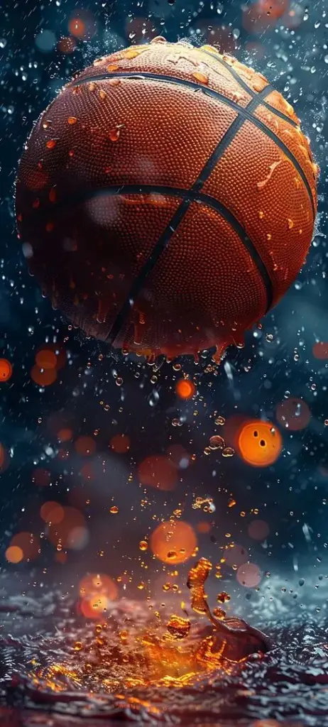 Ảnh nền quả bóng rổ đặt trên mặt nước phản chiếu ánh đèn lấp lánh tạo ra một không gian tĩnh lặng và đầy chất nghệ thuật.