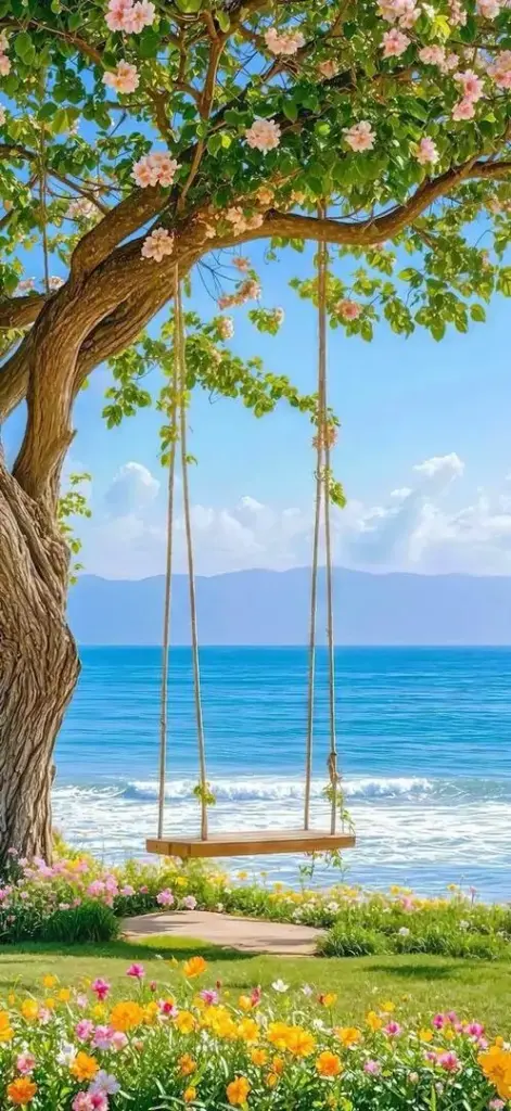 Ảnh wallpaper rừng tùng đứng im trên sườn dốc cao, phía sau là núi đá phủ mây mờ khiến toàn bộ khung ảnh phong cảnh mang vẻ hùng vĩ nhưng vẫn dịu mắt