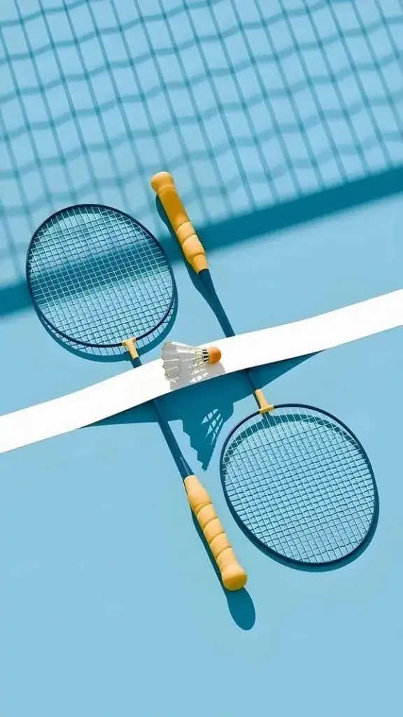 Chiếc vợt đặt nằm ngang trên mặt sân màu xanh pastel nhẹ nhàng với những đường kẻ trắng thanh mảnh tạo cảm giác bình yên và đầy tính nghệ thuật.