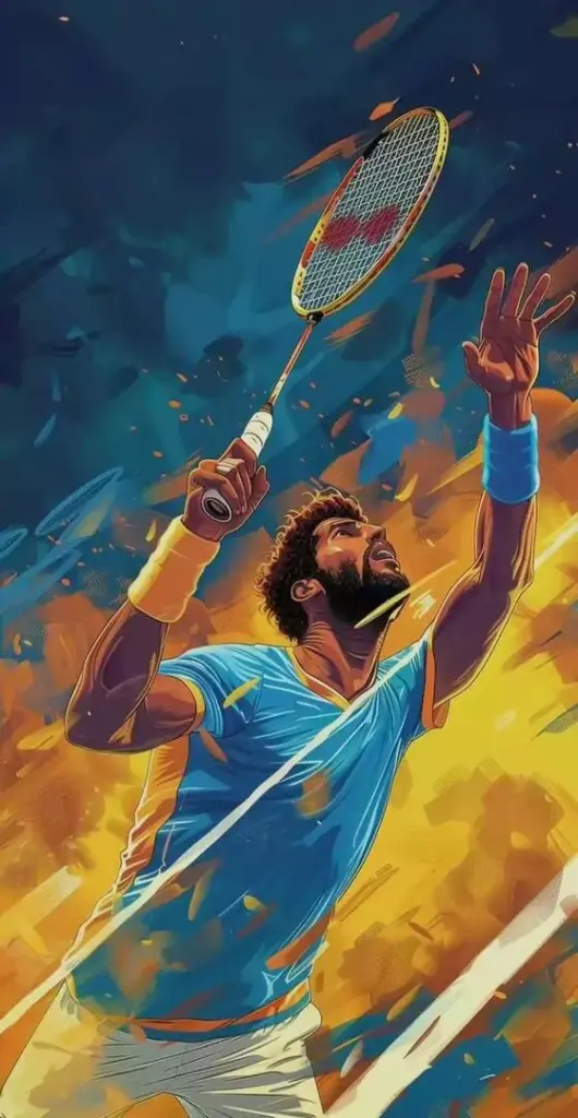 Hình nền cầu lông 4k dạng tranh vẽ minh họa cú nhảy đập cầu đầy uy lực với những vệt màu vàng xanh đan xen thể hiện tốc độ đáng kinh ngạc.