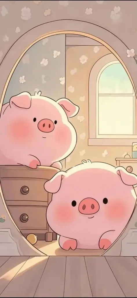 Heo vàng 3D đứng trước cổng nhà cổ, ánh sáng hắt ngang làm bụng tròn và mũi bóng nổi bật, tạo cảm giác thịnh vượng và thu hút tiền bạc cho màn hình