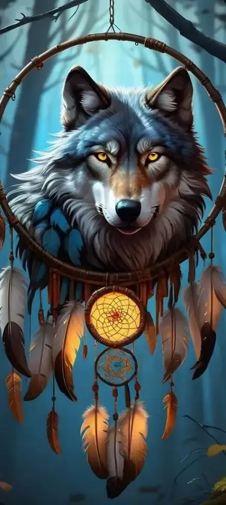 Đầu sói xanh xám đội vòng trang trí rủ xuống trước ngực, nền tối kéo dài phía sau làm tổng thể hơi huyền nhưng vẫn cute theo kiểu trầm, không mềm mà khá lì