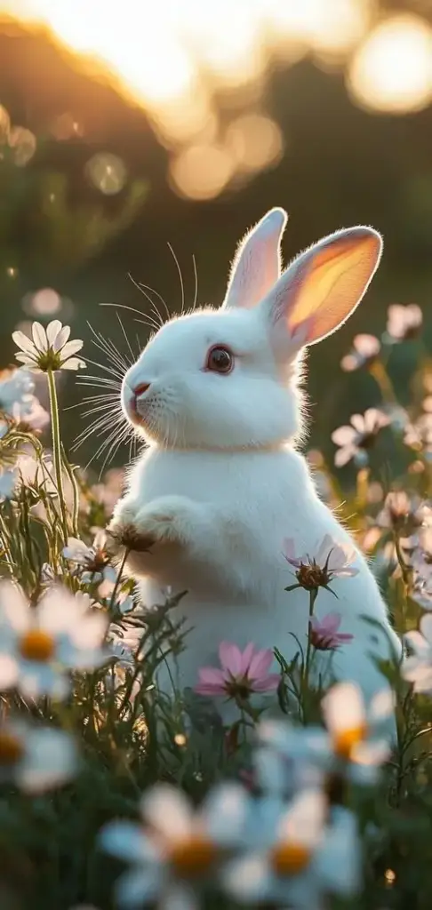 Một chú thỏ trắng đứng giữa cụm hoa nhỏ trong nắng vàng, viền lông bắt sáng mềm mại và hậu cảnh mờ đẹp mắt, kiểu hình nền con thỏ Ultra HD rất hợp điện thoại