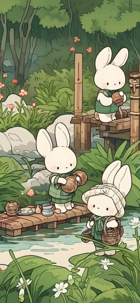 Hình nền đàn thỏ trắng nhỏ quây quanh khu vườn gỗ xanh mát, một bé đứng cạnh chậu tưới cây nhìn rất ngoan, hợp làm hình nền con thỏ cho màn hình dọc dễ thương