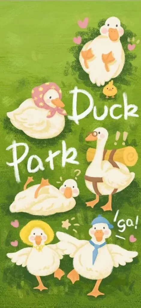 Hình nền tấm poster xanh lá ghi Duck Park với mấy bé vịt minh họa đứng quanh hoa lá, chữ viết tay và sắc màu tươi khiến tổng thể trông vui như một góc hội chợ nhỏ