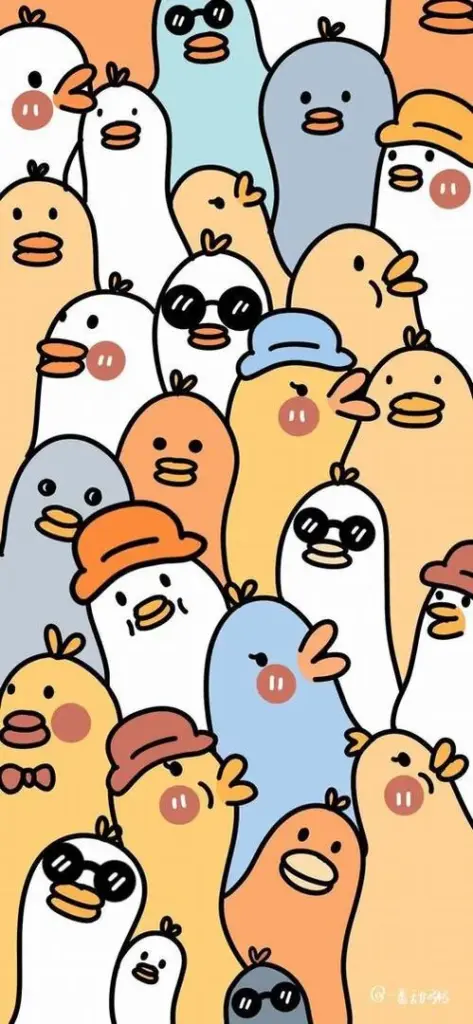 Khung minh họa dọc xếp đầy những gương mặt vịt hoạt hình đủ màu, con thì đội mũ con thì tròn xoe mắt, tạo cảm giác nhộn nhịp như một đám bạn đang chen vào màn hình