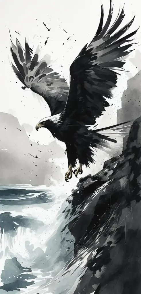 Đại bàng đen trắng vỗ cánh trên mặt biển lạnh, mực loang quanh thân chim làm bức ảnh mang chất tranh thủy mặc, hợp người thích ảnh nền đại bàng siêu nét hơi lạ mắt
