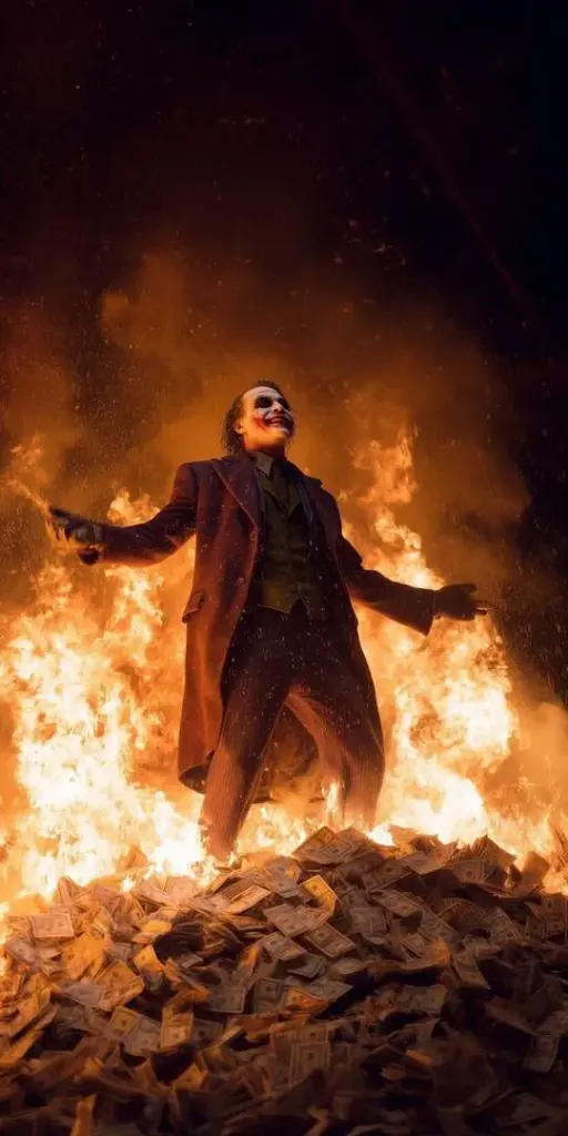 Gã hề điên ngồi trong buồng thang máy bằng thép xước, hai đầu gối mở rộng và ánh nhìn nặng trĩu đập thẳng ra ngoài, tạo một cảm giác kín bưng rất khác thường