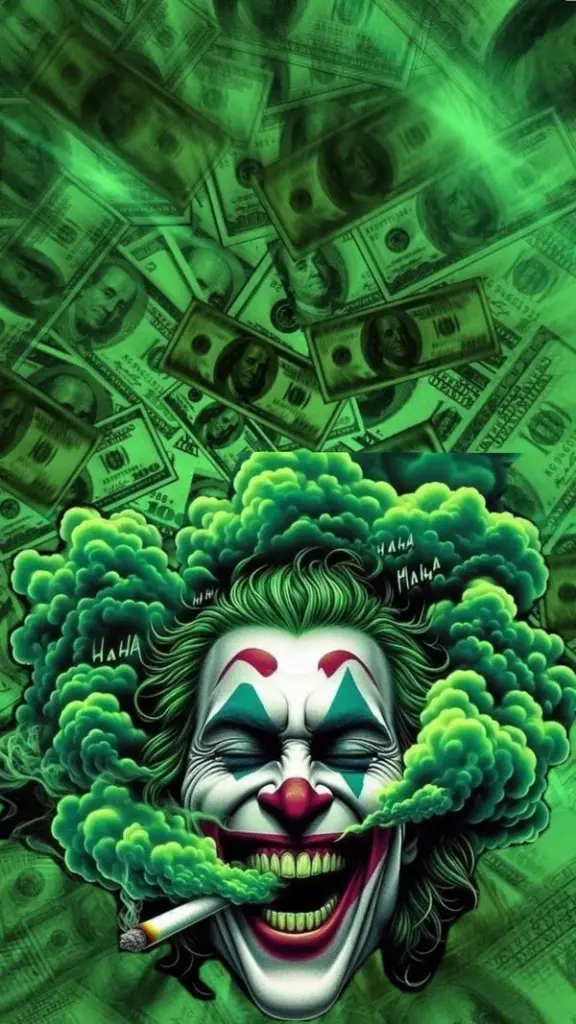 Ảnh wallpaper dựng một Joker đầu tóc xanh bùng lên như khói, gương mặt cười lớn ở giữa xoáy tiền và mảng xanh rực, hợp làm hình nền Joker ngầu kiểu nổi bật mạnh mắt