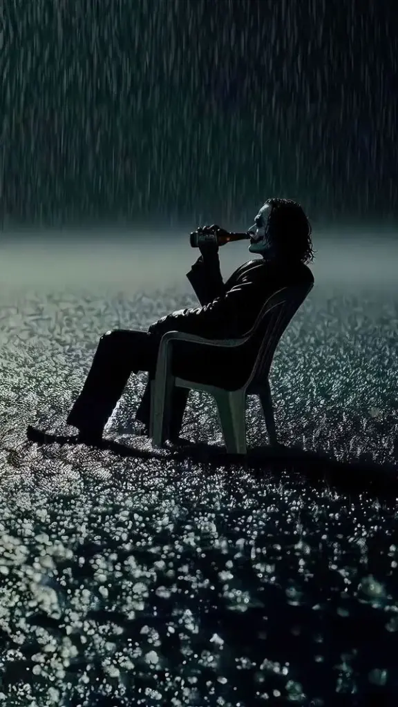 Một người đàn ông ngồi một mình trên ghế giữa mặt đất sẫm ướt mưa, thân hình nhỏ lọt trong khoảng tối rộng làm bức ảnh gợi liên tưởng đến Joker buồn rất rõ