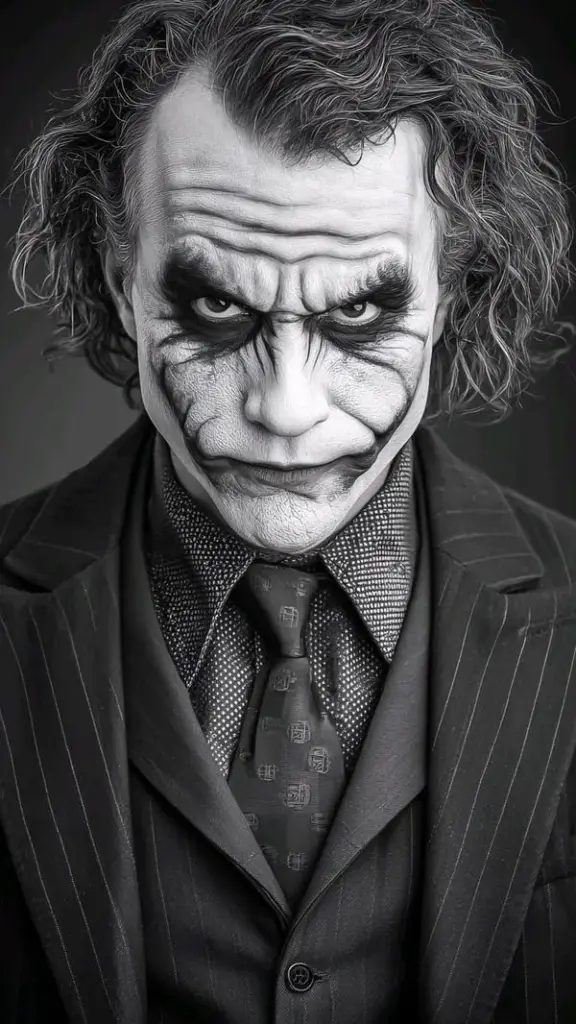 Chân dung đen trắng của Joker mặc vest tối và sơ mi cài kín, tóc rũ xuống trán cùng ánh mắt nhìn thấp làm khung hình HD giống ảnh hồ sơ của một kẻ phản diện mệt mỏi