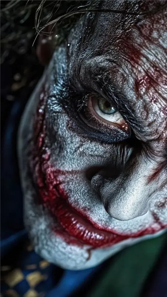 Hình nền điện thoại đẩy sát vào một bên mắt Joker, da mặt nứt đỏ xanh và hàng mi hiện rõ khiến khung ảnh 4K như ép người xem chạm thẳng vào cơn giận dữ