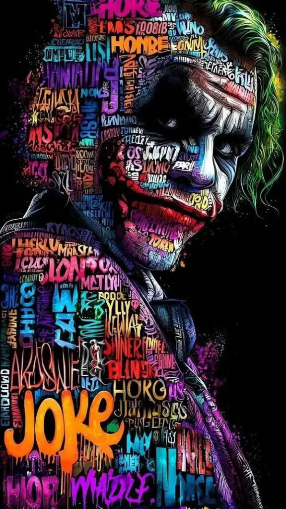 Ảnh nền Joker phủ kín lớp chữ màu neon trên gương mặt, nửa tối nửa sáng như tranh tường thành phố Gotham, phù hợp ai thích hình Joker chất kiểu nổi bật và dồn dập