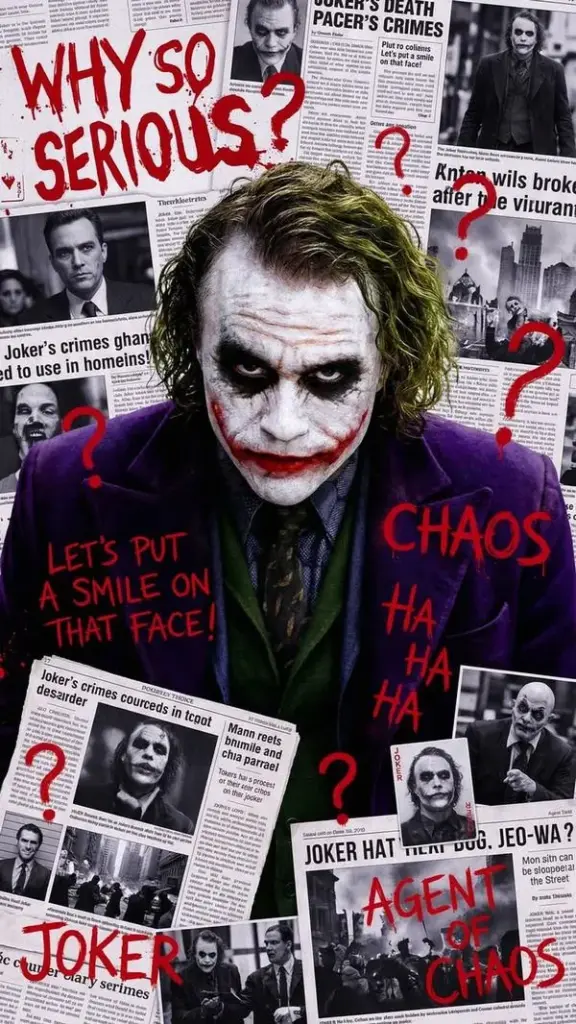 Khung dọc ghi lại Joker với lớp phông chữ và ảnh giấy dán chồng lên phía sau, ánh nhìn trực diện và nụ cười gượng làm hình nền tội phạm thành phố Gotham trông rất gắt