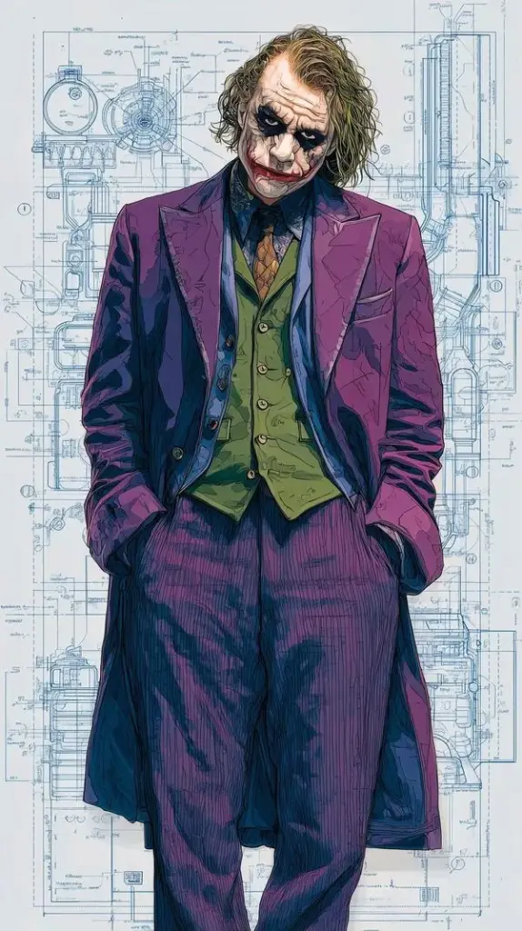 Hình nền điện thoại cho thấy Joker đứng thẳng trong bộ suit tím, hai tay bỏ túi và đầu hơi cúi, nền sáng bạc làm dáng người dài ra theo kiểu poster đẹp và lạnh