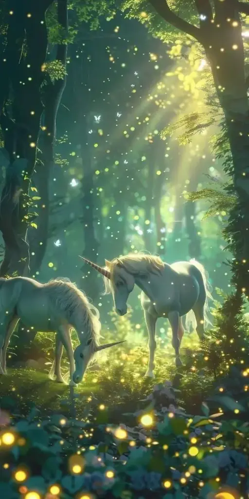 Một đàn thú trắng mảnh đứng trong rừng xanh phủ đom đóm vàng, ánh sáng rơi thành dải sau lưng khiến khung cảnh như truyện đêm hè và rất đẹp kiểu cổ tích