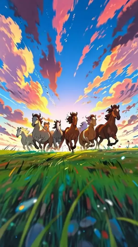 Cả đàn ngựa nâu sẫm phi trên nền cát vàng nhạt dưới ánh sáng đầu ngày, thân hình khỏe và nhịp chân đều tạo cảm giác vững vàng, đúng chất ảnh tám ngựa phi