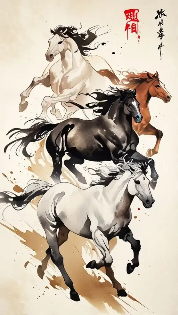 Ngựa đầu đàn hơi quay mặt sang bên khi cả nhóm vẫn lao tới phía trước, chi tiết ấy làm bức bát mã hành quân có điểm nhấn riêng và gợi cảm giác tụ tài