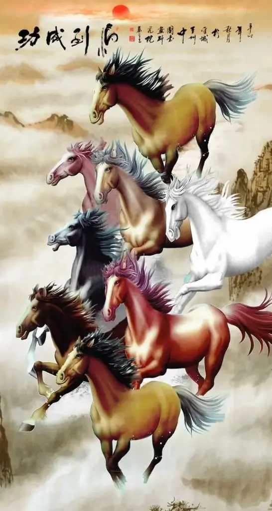 Khung ảnh bắt trọn đàn ngựa đang phi nước đại trên nền núi xanh sâu, từng cơ bắp hiện rõ dưới nắng khiến ảnh ngựa phong thủy vừa khỏe khoắn vừa tụ tài