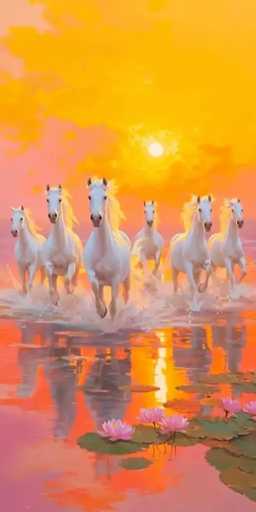 Hình nền tám con ngựa nâu đỏ phi ngang đồng cỏ lúc mặt trời vừa lên, bờm tung mạnh và vó cuốn bụi mỏng, hợp người tuổi Ngọ muốn đón may mắn và tài lộc