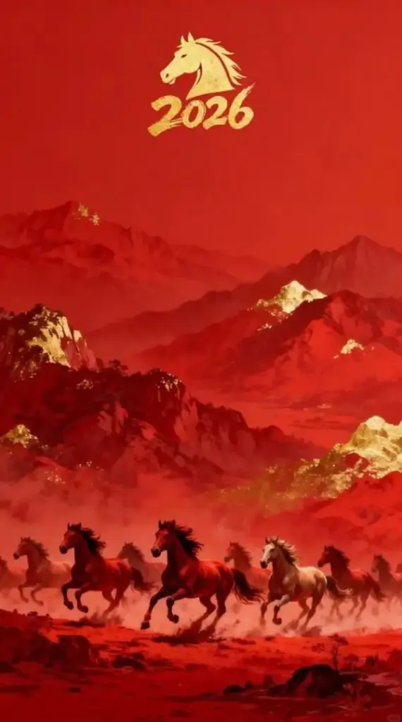 Tám chú ngựa trắng vàng lao về cùng một hướng dưới nền trời rạng sáng, thân săn chắc và mắt sáng rõ làm bức ảnh bát mã truy phong trông rất vượng khí