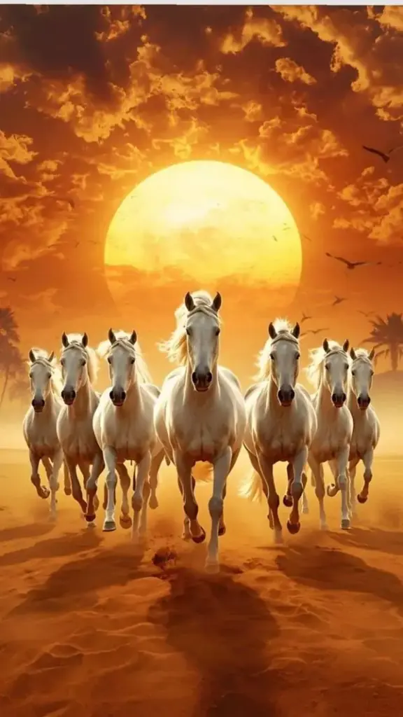 Ảnh bìa tám chiến mã lướt qua mép sông trong ánh bình minh đỏ ấm, đuôi và bờm bay dài tạo nhịp chuyển động đẹp mắt, hợp người tuổi Dần cần thêm vận khí