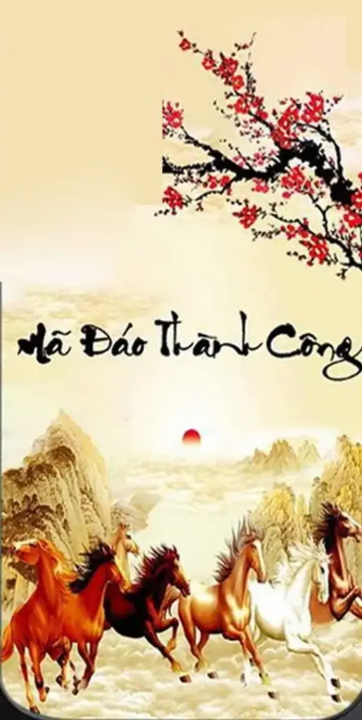 Tám chú ngựa trong tranh tám ngựa thành công đang băng qua đồng cỏ sau cơn mưa, nền trời sáng dần và màu xanh non làm tổng thể vừa thoáng vừa có vận may