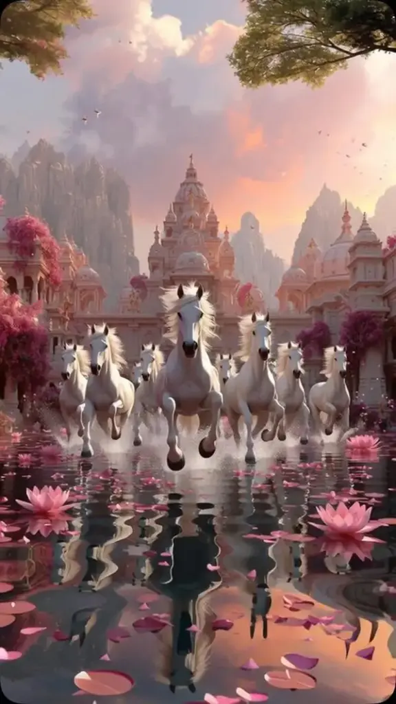 Ảnh wallpaper tám con ngựa phi giữa vùng đất đỏ cam, nền trời cuối chiều loang nắng ấm làm từng dáng ngựa nổi bật, rất hợp làm hình nền mã đáo thành công