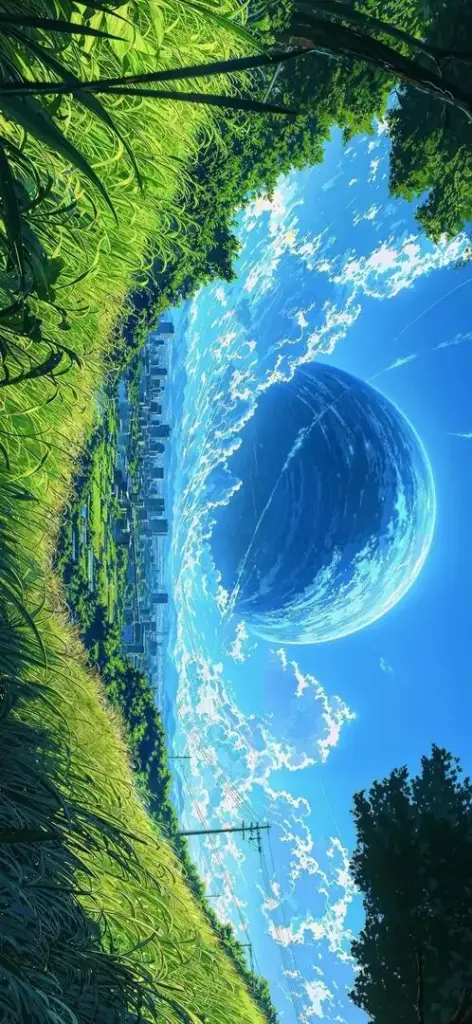 Hố xanh tròn giữa vách đá phủ cỏ hiện lên dưới bầu trời trong, viền cây tối ở mép ảnh làm khung nhìn từ cao xuống này rất lạ và hút mắt