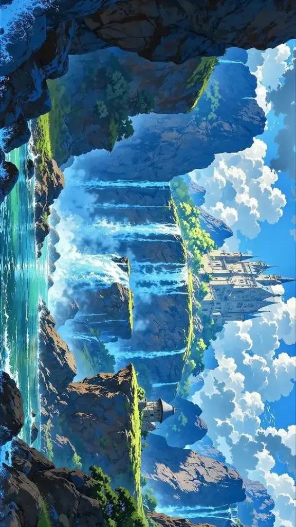 Thác nước tầng tầng đổ giữa vách đá xanh lam, mây trắng và sương mỏng bao quanh khiến cảnh núi nước này trông như tranh 3D nhưng vẫn rất mềm mắt