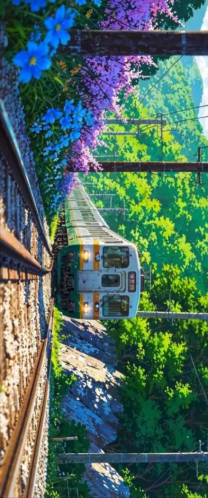 Hiên nhà nhìn ra khu vườn xanh ngập nắng, cửa gỗ mở rộng và bụi hoa tím hồng phía ngoài khiến ảnh nền phong cảnh mang cảm giác sống chậm rất rõ