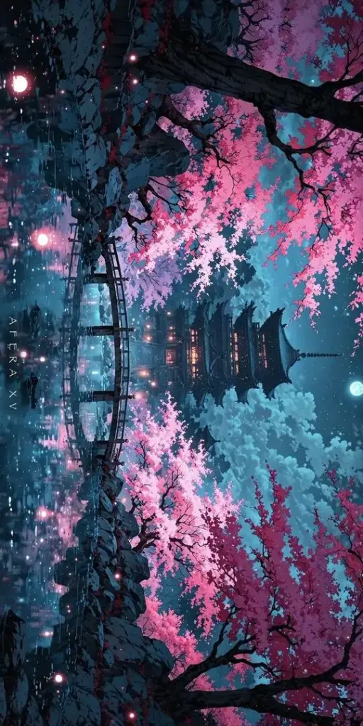 Ảnh nền máy tính mặt hồ tối phản chiếu cây và hoa anh đào, ngôi chùa xa mờ trong sương tím làm cảnh đêm này đẹp theo kiểu lặng và rất hợp ảnh nền ngoại cảnh