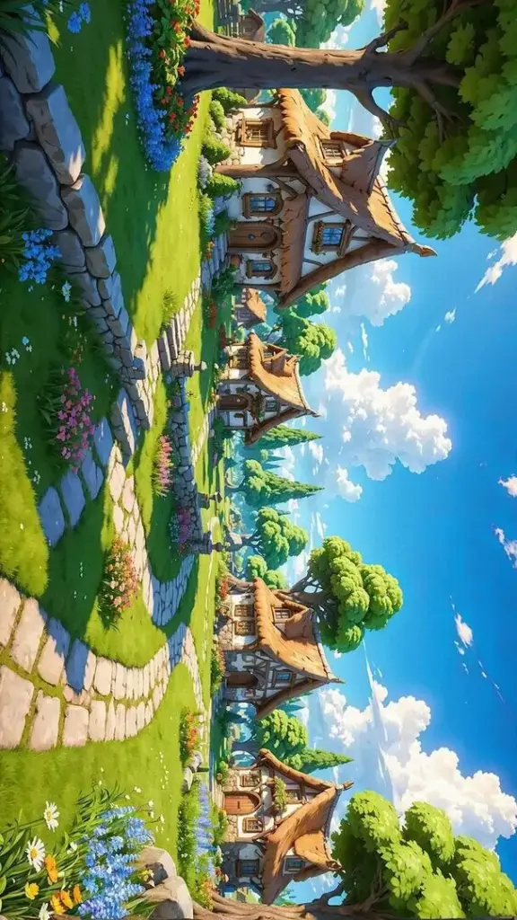 Ngôi làng nhỏ nằm giữa đồng cỏ xanh, lối đi cong dẫn vào cụm nhà mái đỏ dưới mây trắng làm bức ảnh sáng bừng như một hình nền không gian xanh dễ chịu