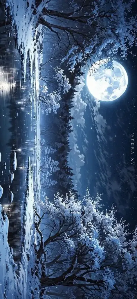 Ảnh bìa điện thoại mặt hồ đêm dưới trăng tròn sáng lạnh, cây khô và cành lá viền mép ảnh tạo không khí tĩnh sâu cho một hình nền phong cảnh khá ngầu