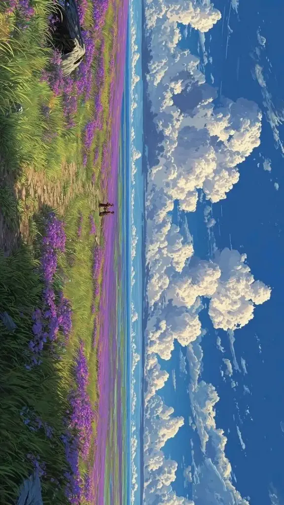 Cánh đồng hoa tím trải dài dưới trời xanh cao và mây trắng lớn, đường chân trời thấp khiến toàn cảnh mở rộng rất đã mắt cho ảnh màn hình cảnh đẹp