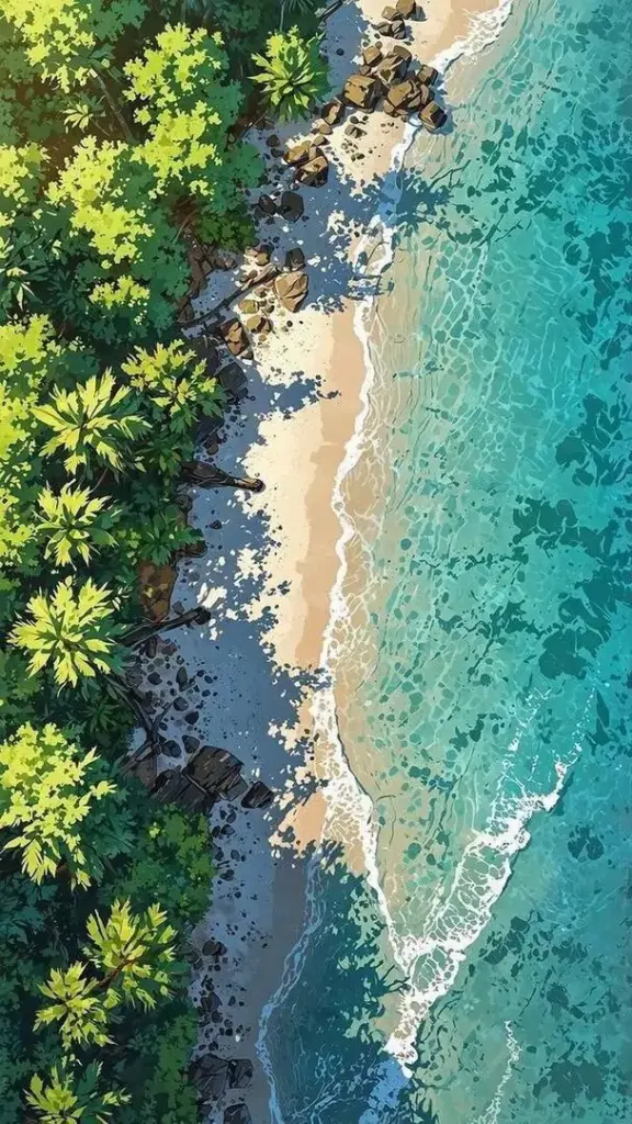 Hình nền bãi biển nhìn từ trên cao với dải cát ôm làn nước xanh ngọc, hàng cây rậm viền mép ảnh làm khung cảnh nhiệt đới này lên máy rất đẹp và thoáng