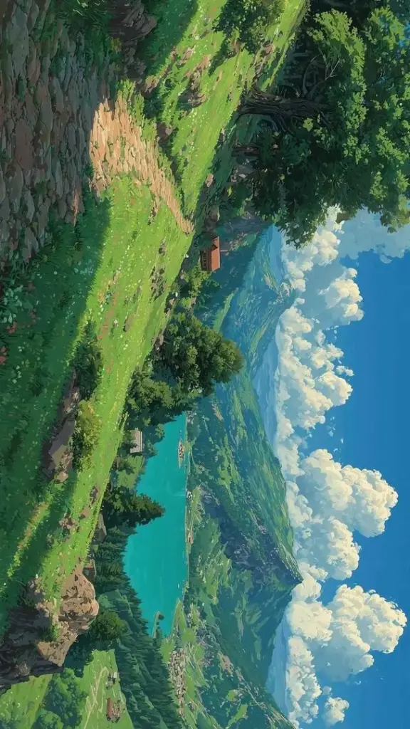 Sườn đồi xanh nối nhau mềm và thung lũng sâu mở ra dưới cụm mây lớn, góc nhìn từ trên cao làm ảnh nền thiên nhiên này lên máy cực thoáng và đẹp