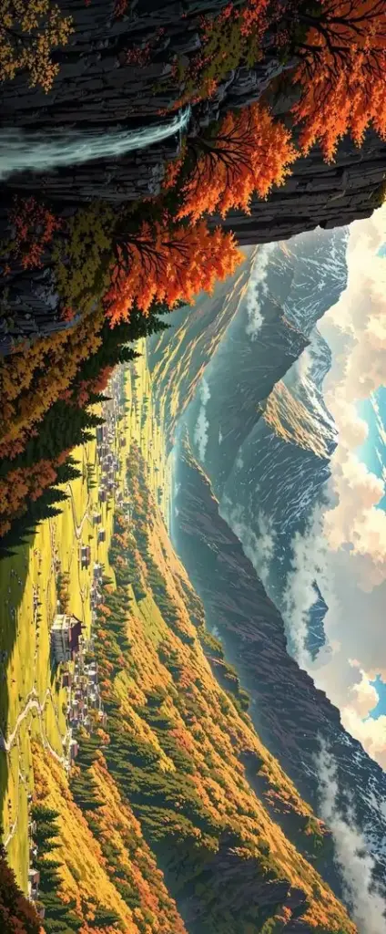 Ảnh wallpaper dọc vách đá đỏ ôm lấy con đường uốn quanh thung lũng xanh vàng, trời mây sáng phía xa làm bức ảnh hoang dã này rất hợp màn hình lớn