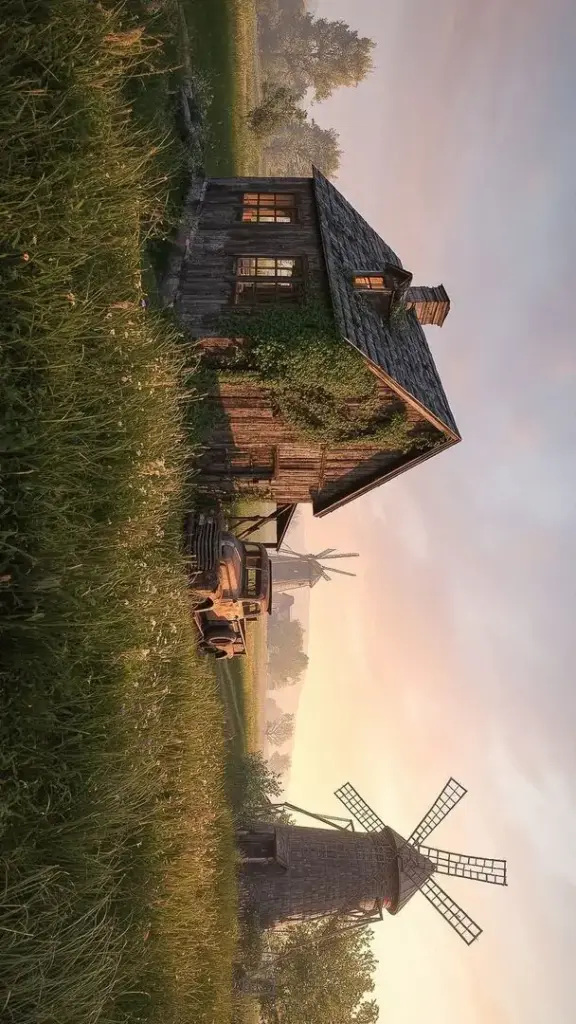 Ngôi nhà gỗ cũ đứng giữa đồng cỏ rộng, ánh nắng xiên cuối ngày phủ lên mái nhà tạo vẻ mộc và yên cho một ảnh nền thiên nhiên gần gũi